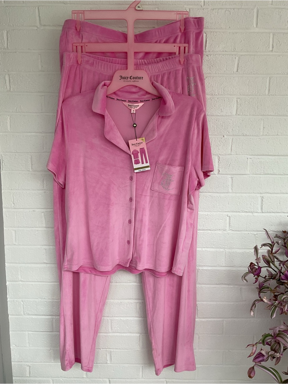 Juicy Couture 3 Piece Lounge Set XL Pink Velour Rhinestone Shirt Shorts Pants